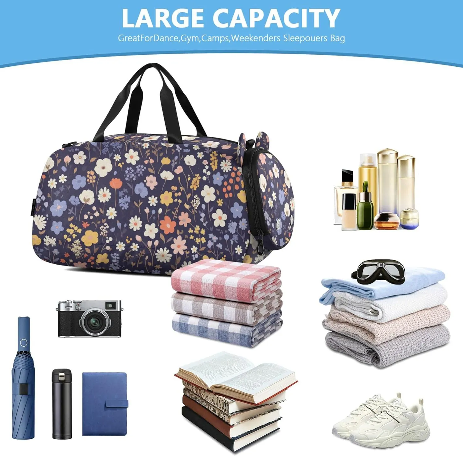Flower Dark Blue Small Gym Bag with Shoes Compartment Large Capacity Weekender Overnight Dance Bag for Beach Swim Bags Pool Sports