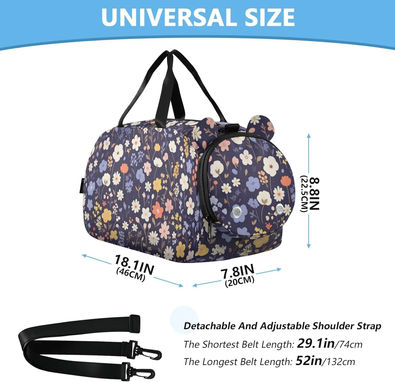 Flower Dark Blue Small Gym Bag with Shoes Compartment Large Capacity Weekender Overnight Dance Bag for Beach Swim Bags Pool Sports