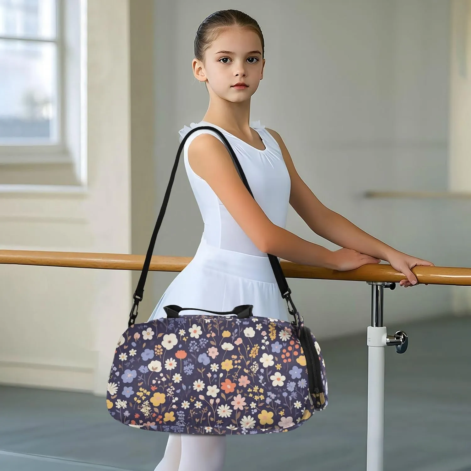 Flower Dark Blue Small Gym Bag with Shoes Compartment Large Capacity Weekender Overnight Dance Bag for Beach Swim Bags Pool Sports