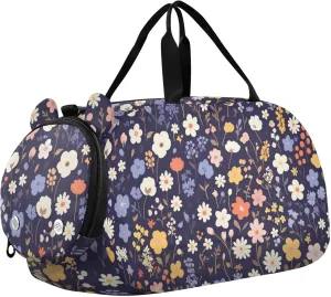 Flower Dark Blue Small Gym Bag with Shoes Compartment Large Capacity Weekender Overnight Dance Bag for Beach Swim Bags Pool Sports