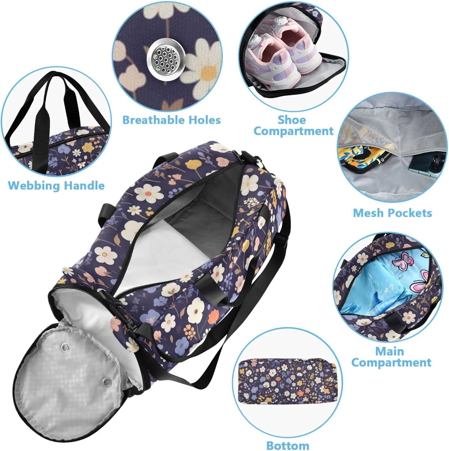 Flower Dark Blue Small Gym Bag with Shoes Compartment Large Capacity Weekender Overnight Dance Bag for Beach Swim Bags Pool Sports