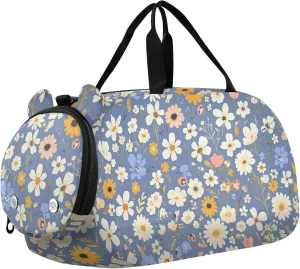 Flowers Blue Kids Duffel Bag with Shoes Compartment Large Capacity Weekend Overnight Carry on Bag for Boys and Girls
