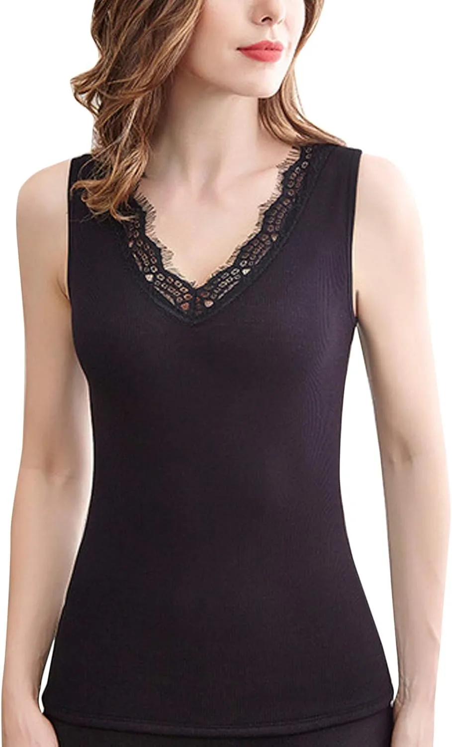 Flygo Thermal Underwear Tops for Women Fleece Lined Lace Thermal Shirts V-Neck