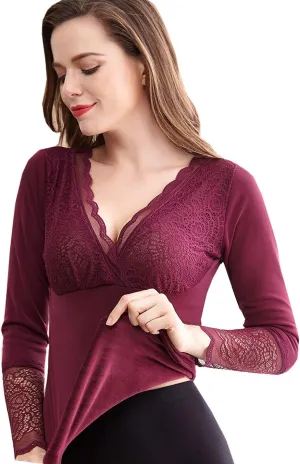Flygo Thermal Underwear Tops for Women Fleece Lined Lace Thermal Shirts V-Neck