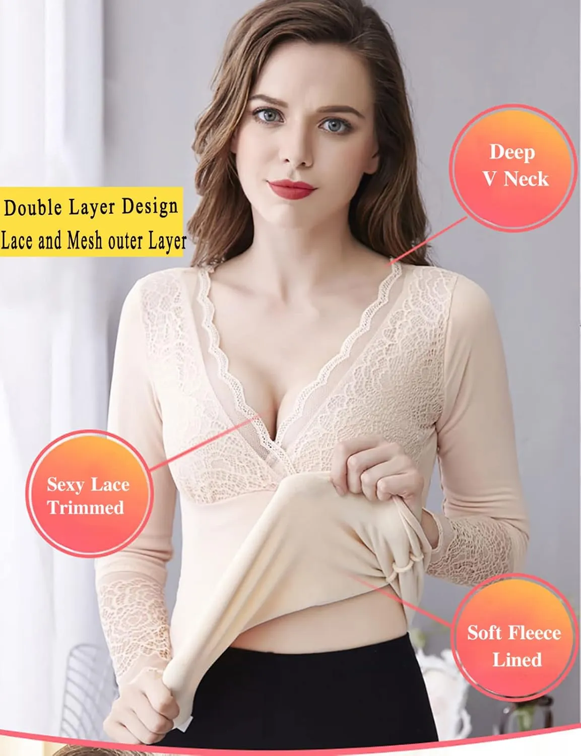 Flygo Thermal Underwear Tops for Women Fleece Lined Lace Thermal Shirts V-Neck