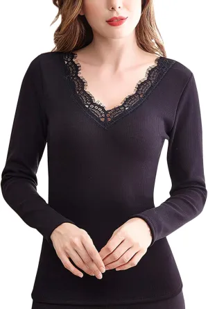 Flygo Thermal Underwear Tops for Women Fleece Lined Lace Thermal Shirts V-Neck