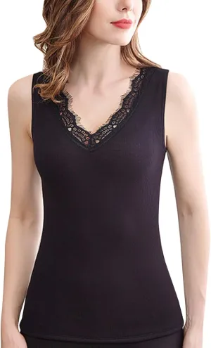 Flygo Thermal Underwear Tops for Women Fleece Lined Lace Thermal Shirts V-Neck