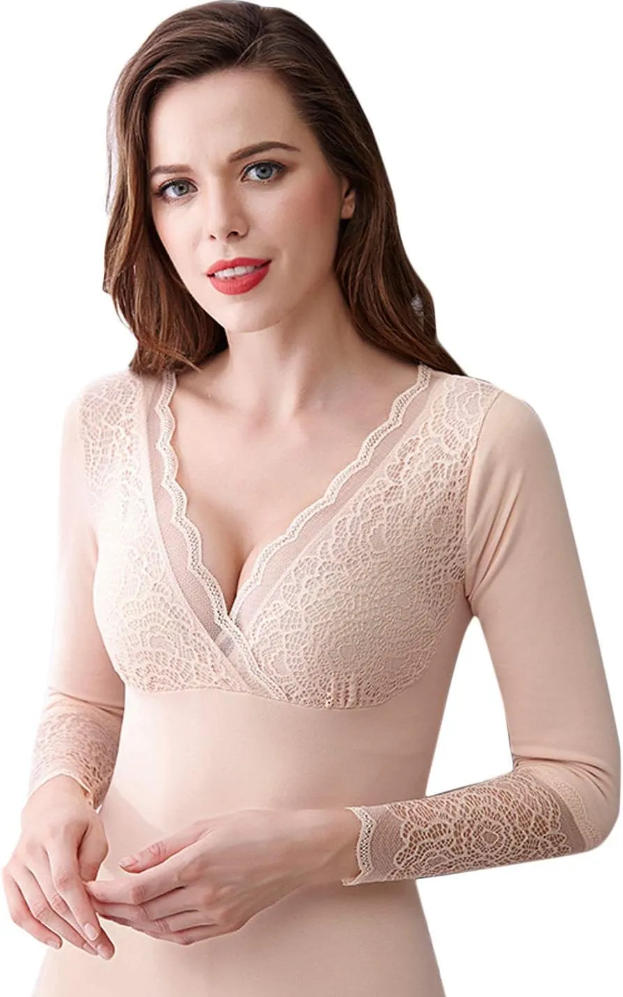 Flygo Thermal Underwear Tops for Women Fleece Lined Lace Thermal Shirts V-Neck
