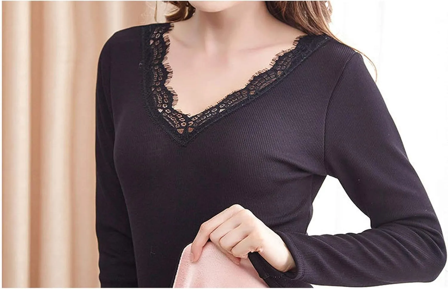 Flygo Thermal Underwear Tops for Women Fleece Lined Lace Thermal Shirts V-Neck