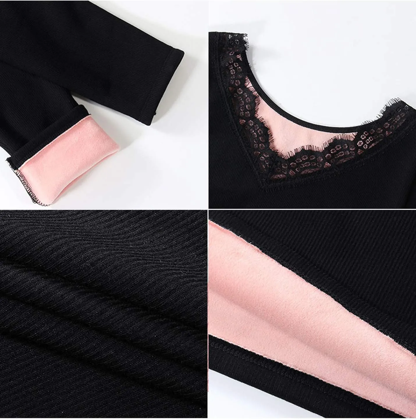 Flygo Thermal Underwear Tops for Women Fleece Lined Lace Thermal Shirts V-Neck