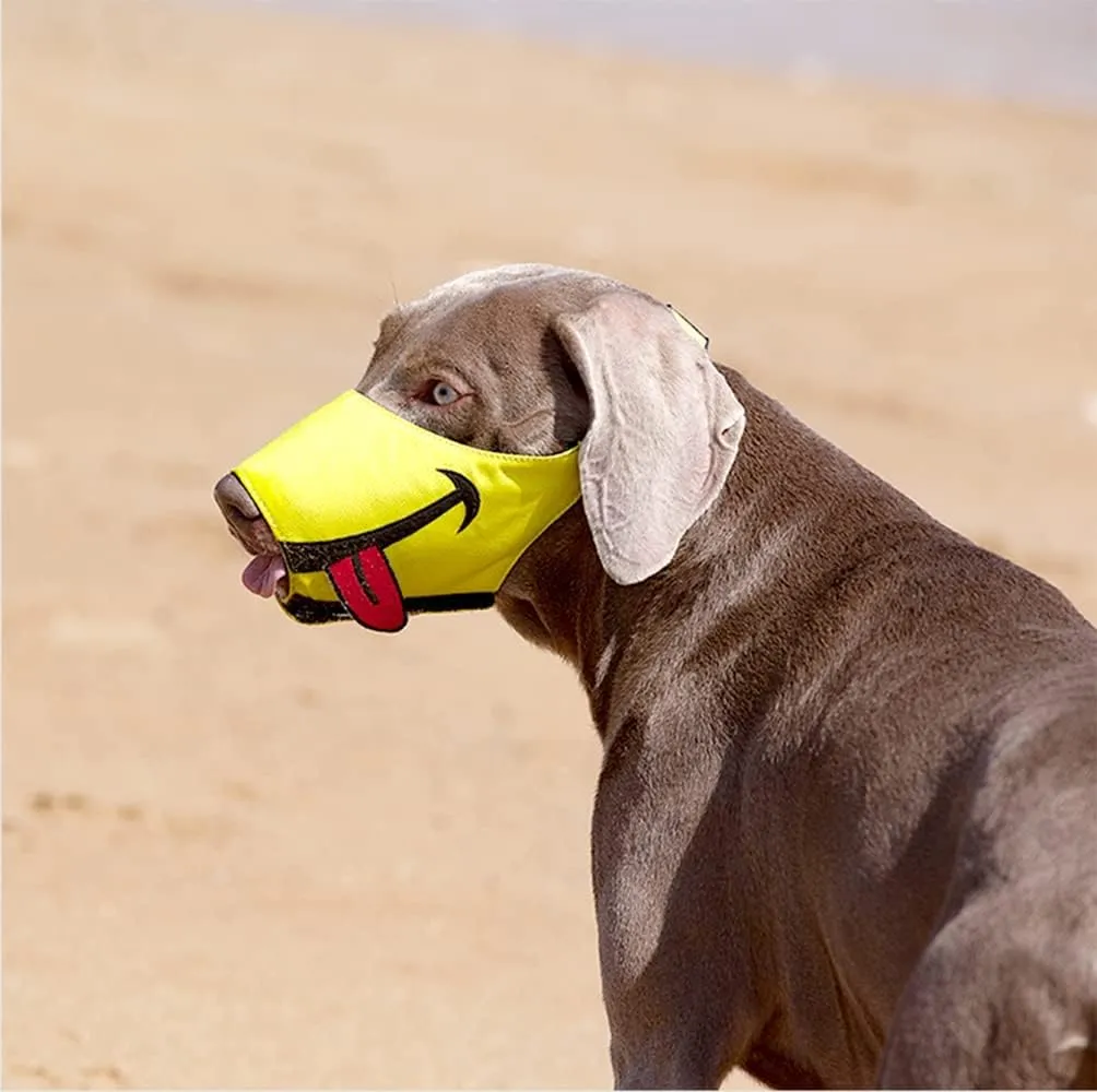 FOOTPET Dog Muzzle, Smiley Face Muzzle with Soft Breathable Air Mesh Nylon, Anti Biting Barking Chewing, Adjustable Dog Mouth Cover for Medium, Large Dogs (Yellow, M)