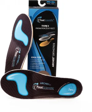 FootScientific® Arches Type 1 (Flat Feet) Orthotic Shoe Insoles, Men's Size 4-4.5 / Women's Size 6-6.5