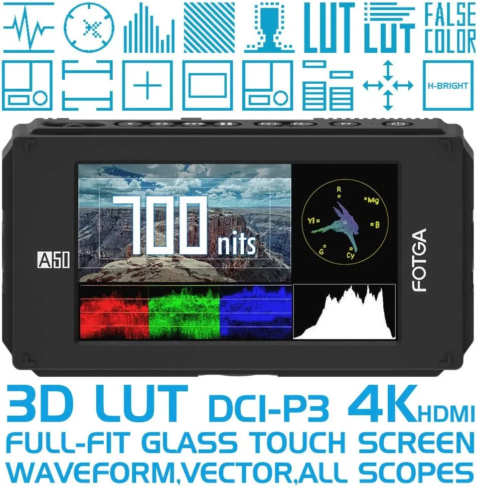 Fotga A50TL 5inch FHD IPS DCI-P3 Wide Color Gamut Touchscreen Video Cinema DSLR Camera Field Monitor,Waveform,Vector,All Waves,3D LUT,FHD,700nit,1920x1080 HDMI 4K Input/Output,Dual Battery Plate