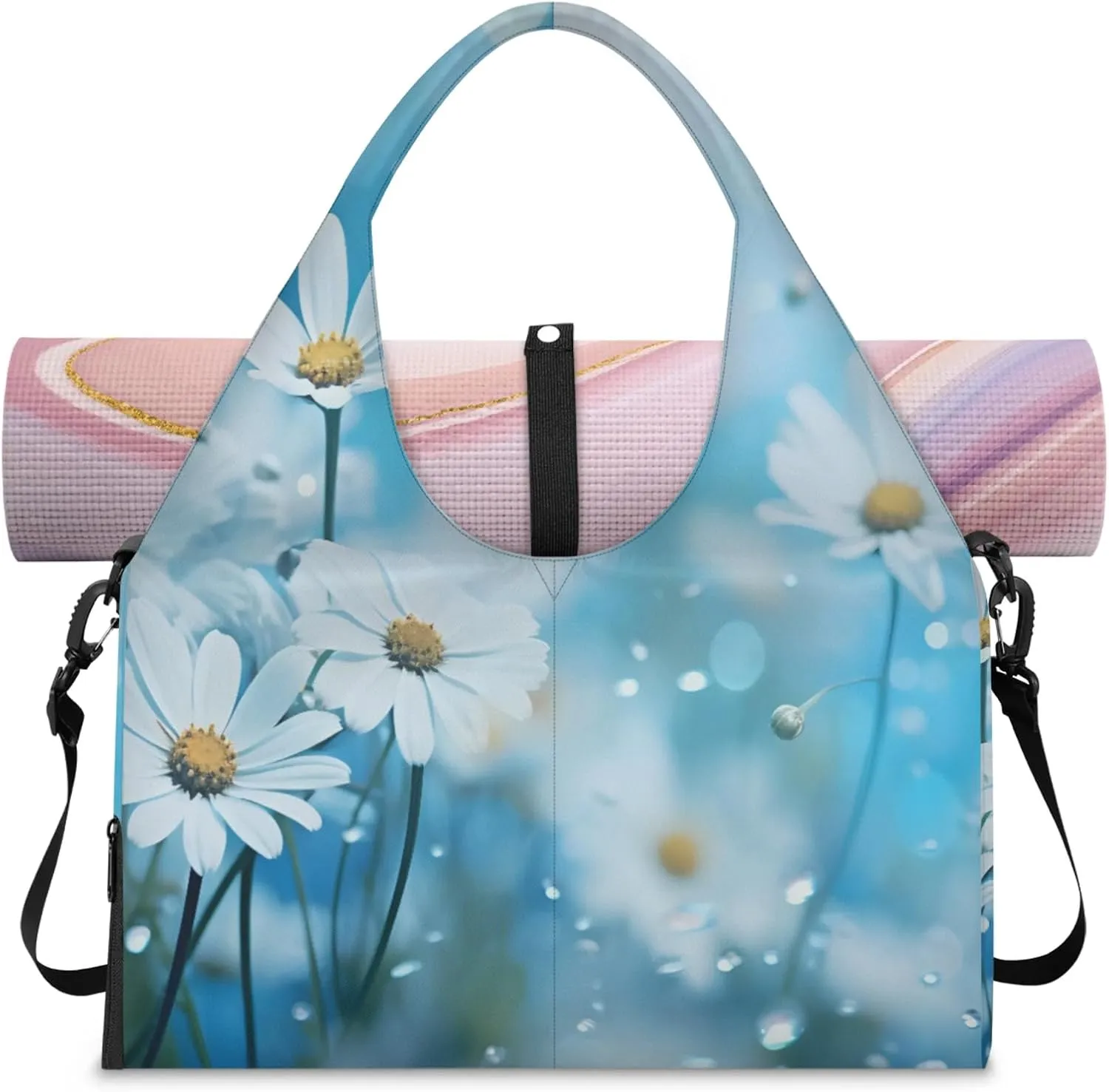 Fresh white daisy Women's Yoga Gym Bag - Adjustable shoulder strap with shoe compartment, large gym bag with multiple pockets for yoga mat, gym equipment and travel accessories