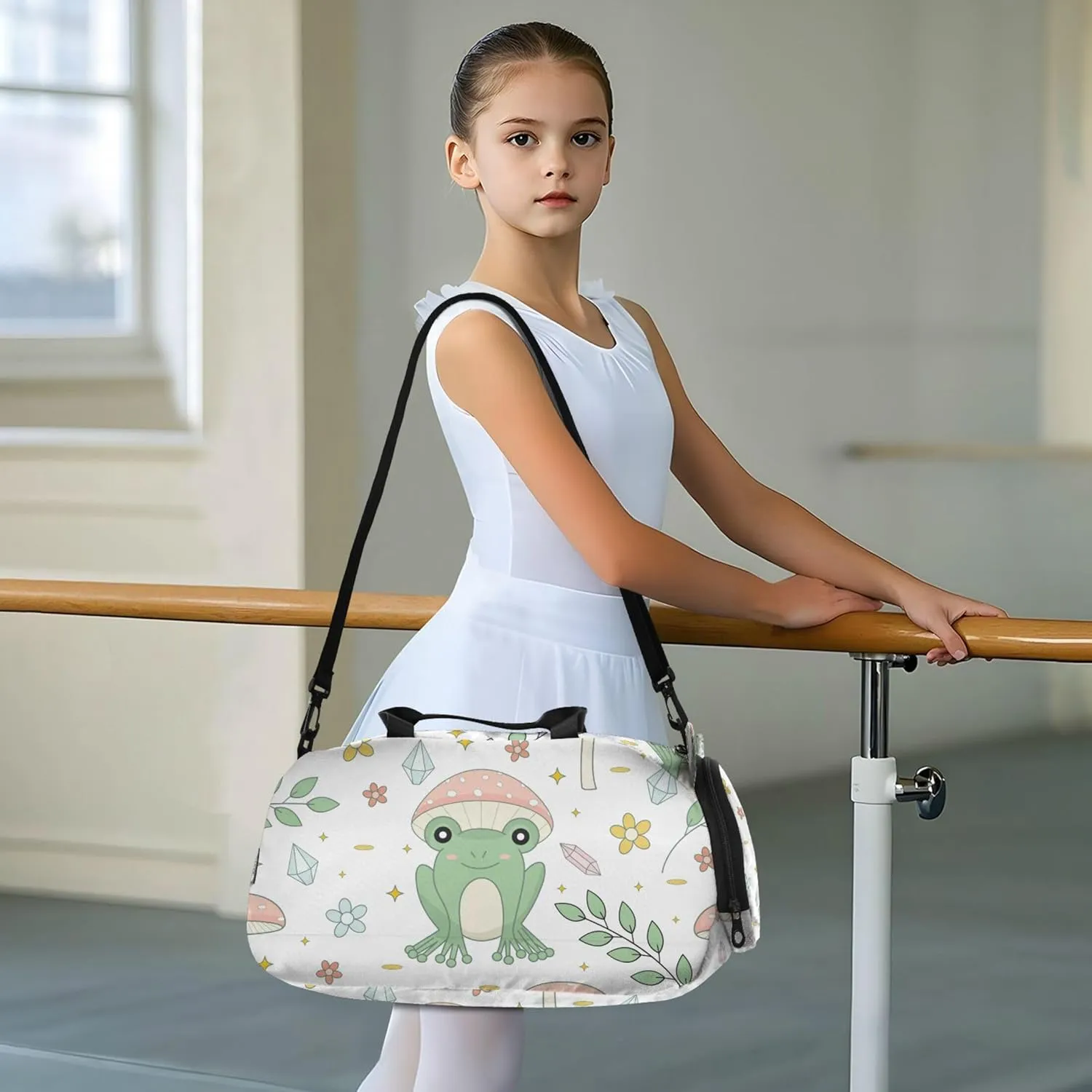 Frog and Mushrooms Kids Duffel Bag with Shoes Compartment Large Capacity Weekend Overnight Carry on Bag for School Practice, Sports, Travel