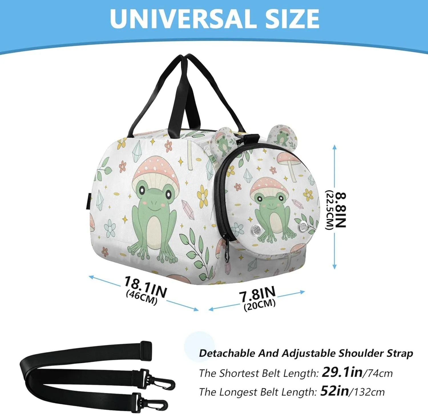 Frog and Mushrooms Kids Duffel Bag with Shoes Compartment Large Capacity Weekend Overnight Carry on Bag for School Practice, Sports, Travel