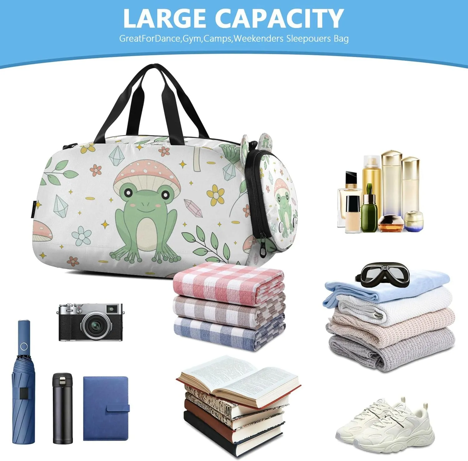 Frog and Mushrooms Kids Duffel Bag with Shoes Compartment Large Capacity Weekend Overnight Carry on Bag for School Practice, Sports, Travel