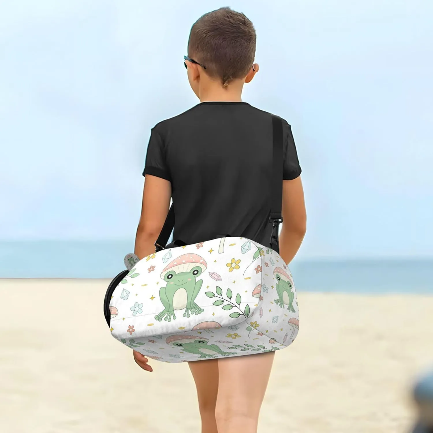 Frog and Mushrooms Kids Duffel Bag with Shoes Compartment Large Capacity Weekend Overnight Carry on Bag for School Practice, Sports, Travel