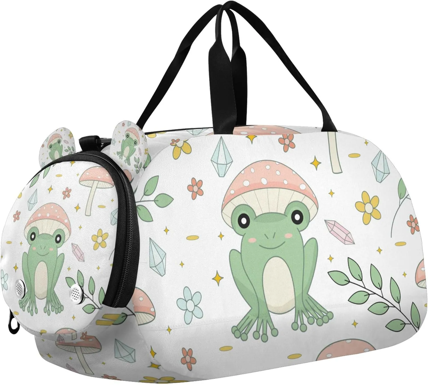 Frog and Mushrooms Kids Duffel Bag with Shoes Compartment Large Capacity Weekend Overnight Carry on Bag for School Practice, Sports, Travel