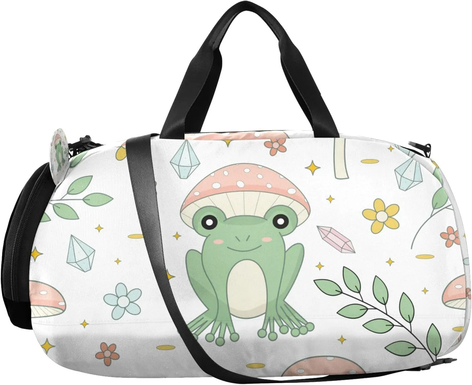 Frog and Mushrooms Kids Duffel Bag with Shoes Compartment Large Capacity Weekend Overnight Carry on Bag for School Practice, Sports, Travel
