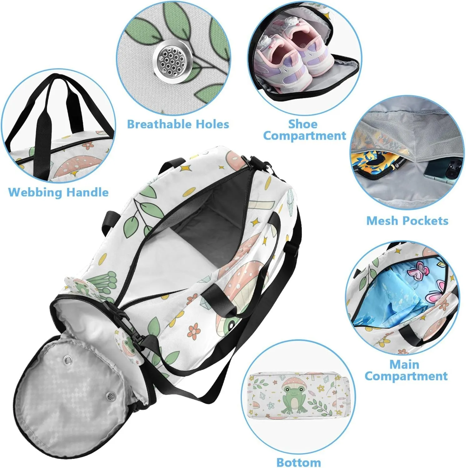 Frog and Mushrooms Kids Duffel Bag with Shoes Compartment Large Capacity Weekend Overnight Carry on Bag for School Practice, Sports, Travel