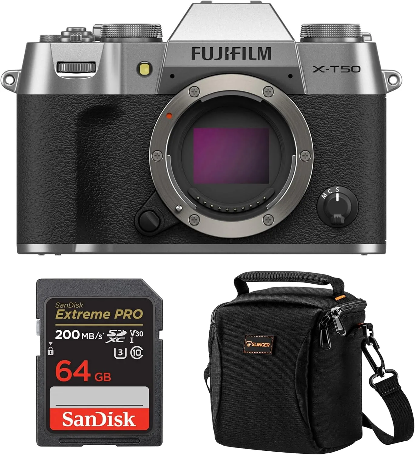 Fujifilm X-T50 Mirrorless Digital Camera, Bundle with 64GB SDXC Memory Card and Shoulder Bag (Sliver)