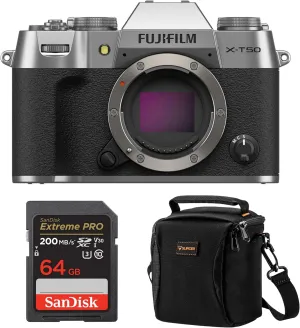 Fujifilm X-T50 Mirrorless Digital Camera, Bundle with 64GB SDXC Memory Card and Shoulder Bag (Sliver)