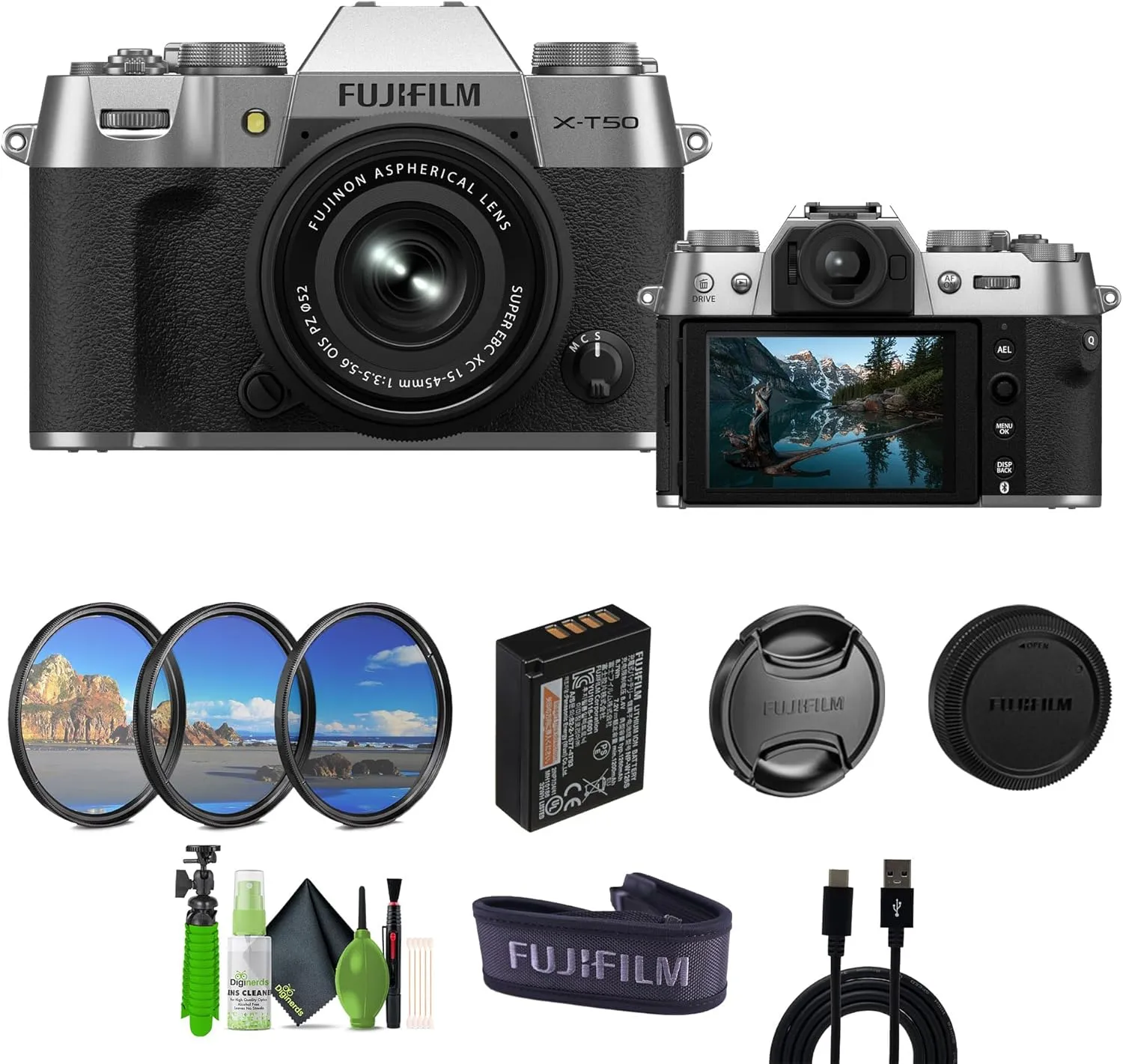 Fujifilm X-T50 Mirrorless Digital Camera XC15-45mmF3.5-5.6 OIS PZ Lens Bundle Kit with Accessories - Silver