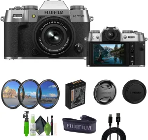 Fujifilm X-T50 Mirrorless Digital Camera XC15-45mmF3.5-5.6 OIS PZ Lens Bundle Kit with Accessories - Silver