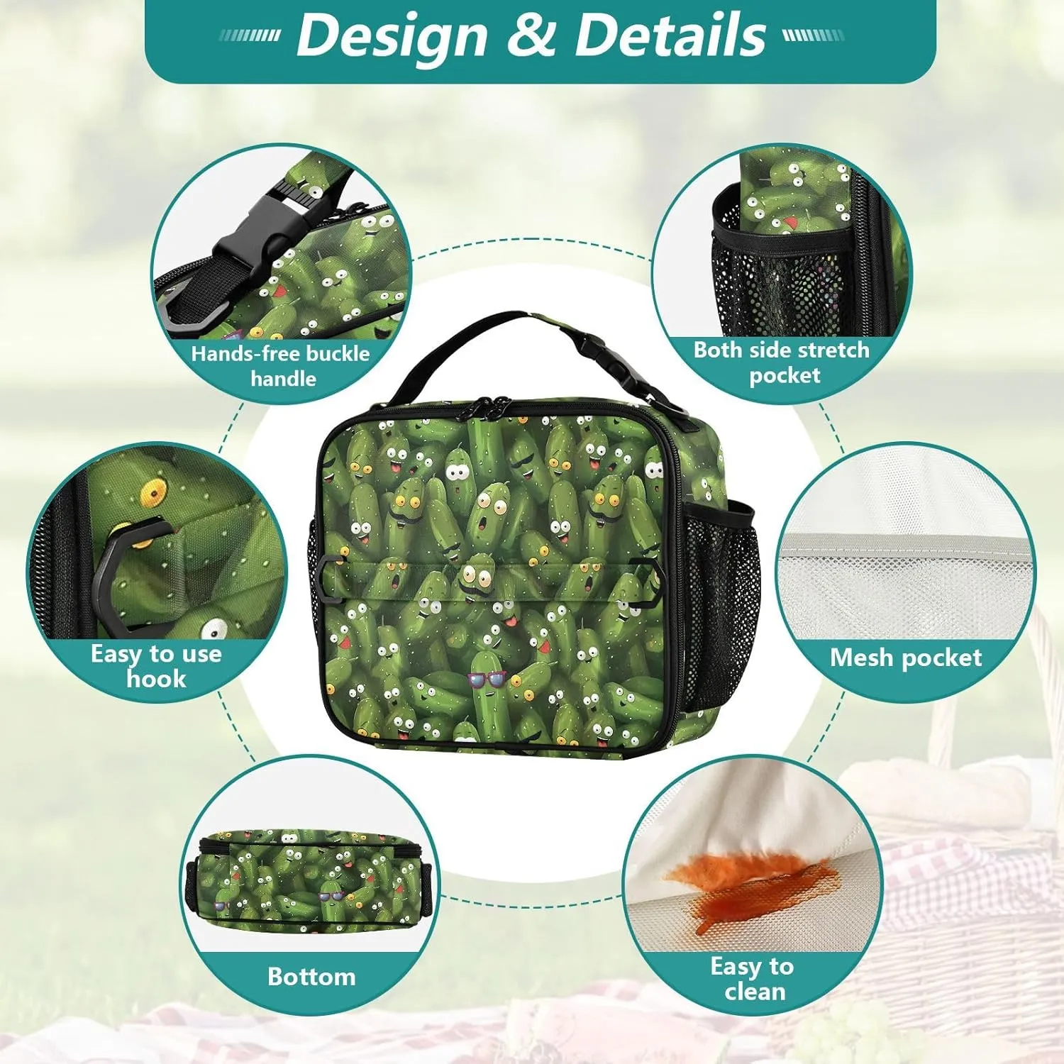 Funny Pickle Lunch Bags for Teens Men Women Large Capacity Leak-Proof Cooler Bag Cucumber Lunch Box for Office Work Picnic