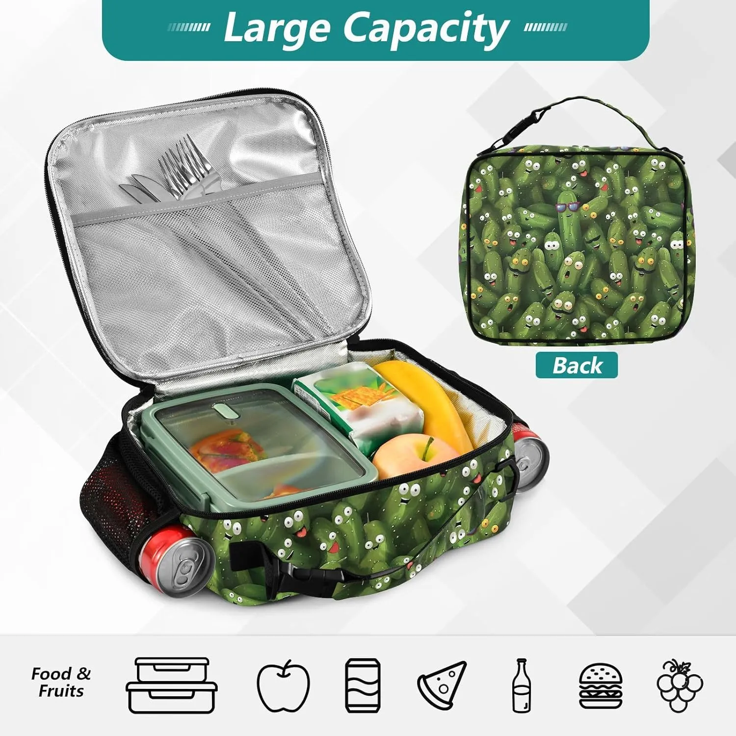 Funny Pickle Lunch Bags for Teens Men Women Large Capacity Leak-Proof Cooler Bag Cucumber Lunch Box for Office Work Picnic