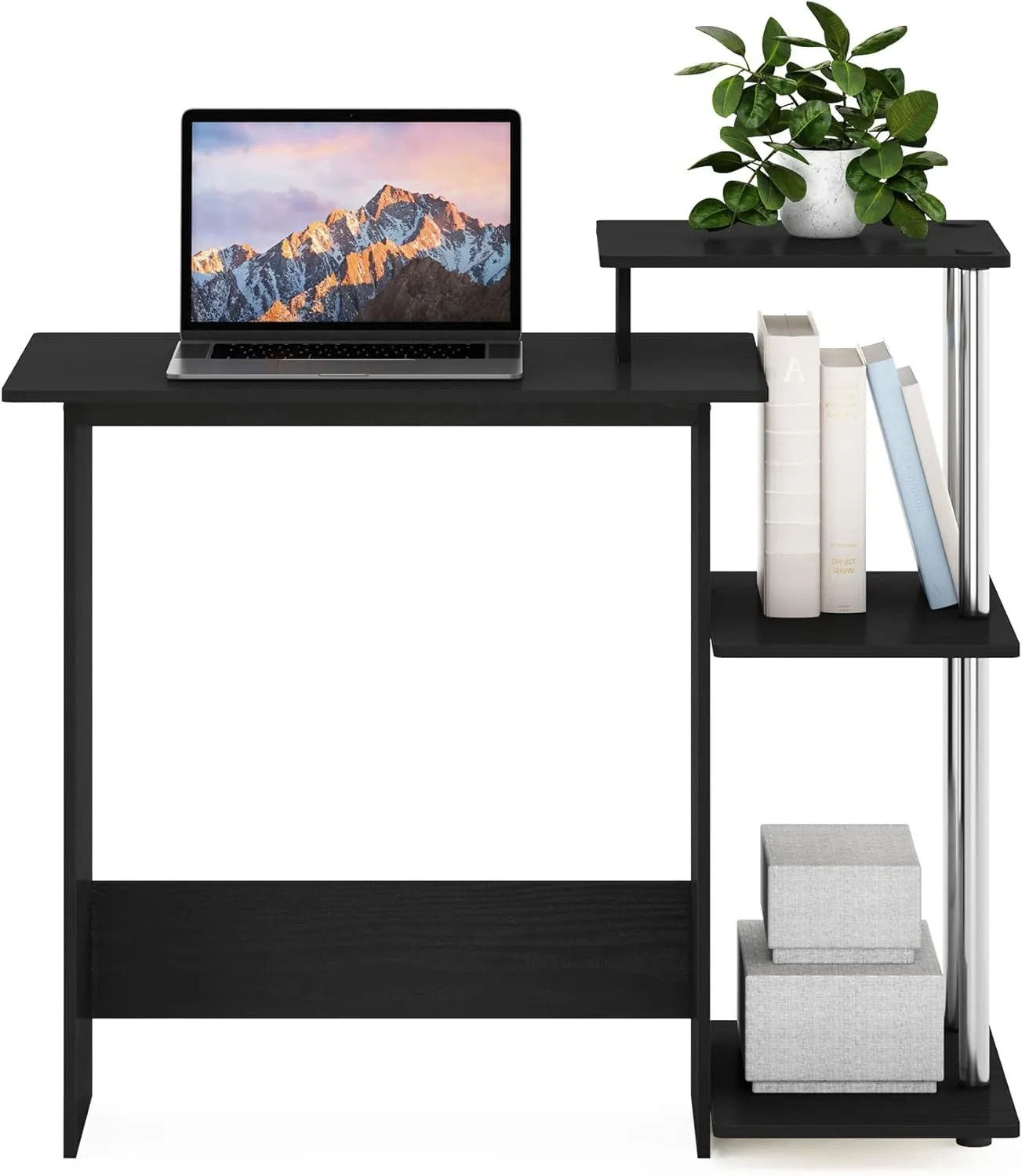 Furinno Efficient Home Laptop Notebook Computer Desk with Square Shelves, Side, Americano/Chrome