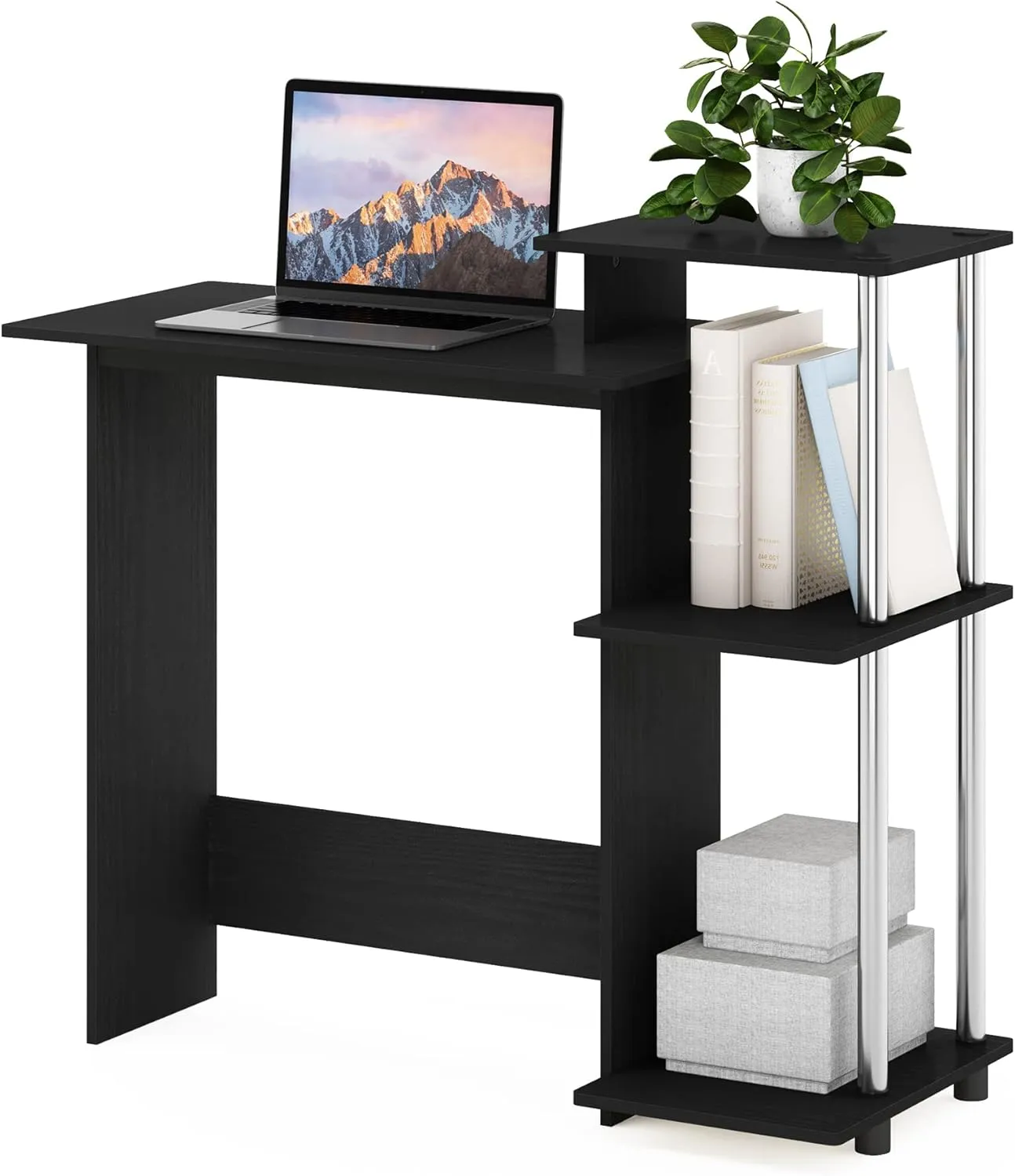 Furinno Efficient Home Laptop Notebook Computer Desk with Square Shelves, Side, Americano/Chrome