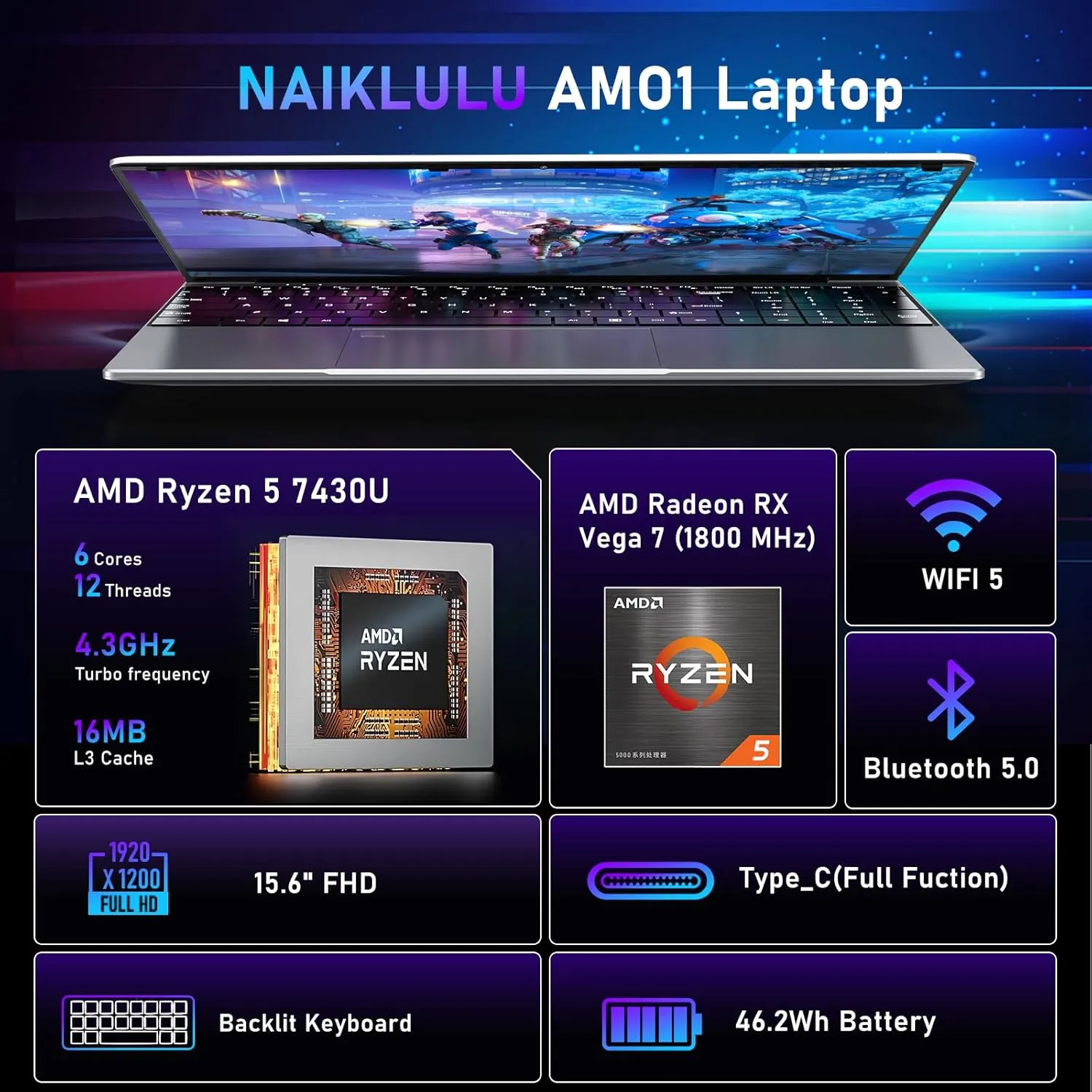 Gaming Laptop,15.6 Inch Laptop Computer,16GB RAM 1TB SSD,AMD Ryzen 5 7430U 6C/12T Processor(up to 4.3Ghz),AMD Radeon Graphics,15.6”FHD 1920 * 1080 Display,WiFi 5,BT5.0,Backlit Keyboard