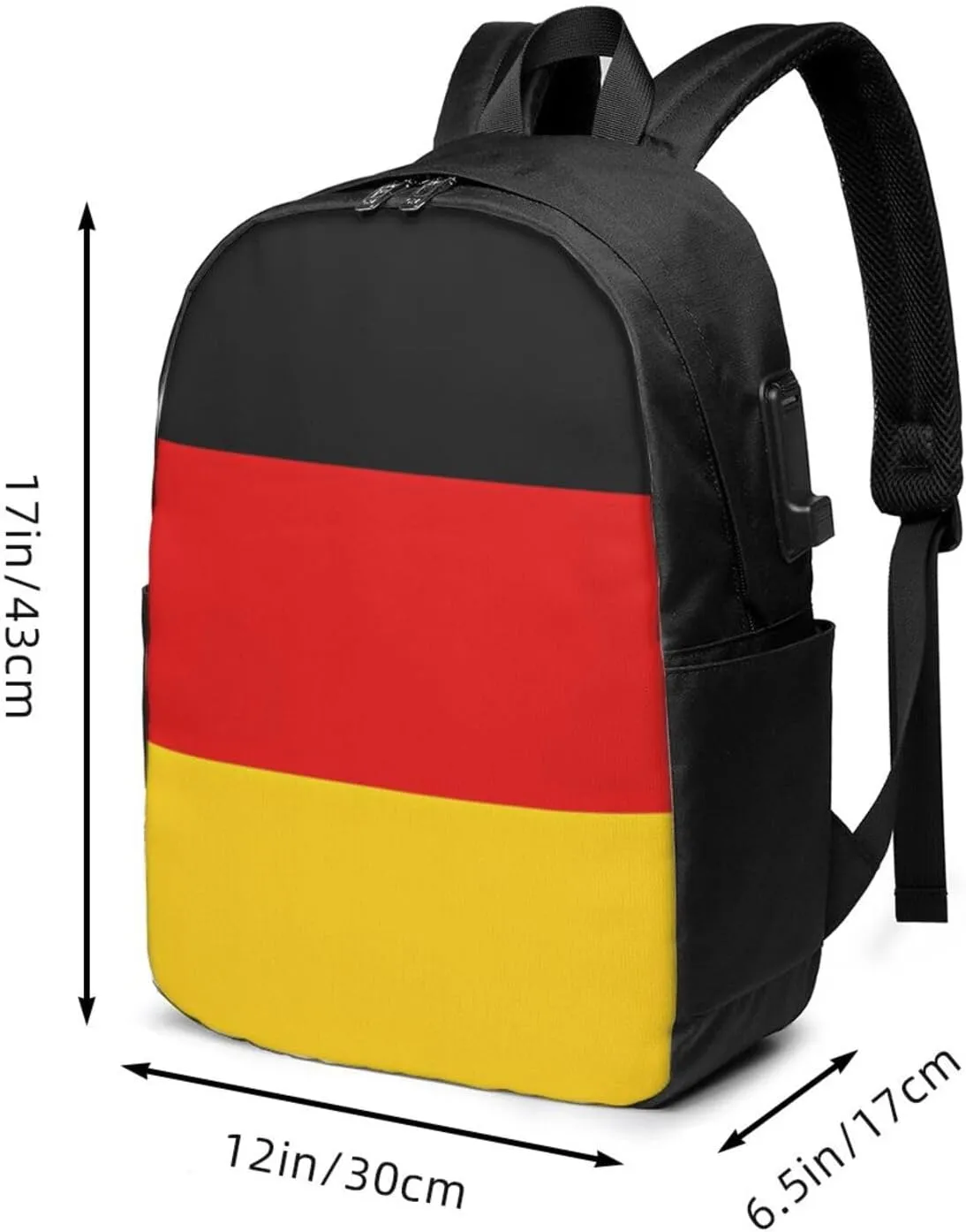 Germany Flag Travel Backpack 17-Inch Laptop Backpacks Business Rucksack Casual Sport Daypack with USB Charging Port Carry-on Bag for Camping Biking