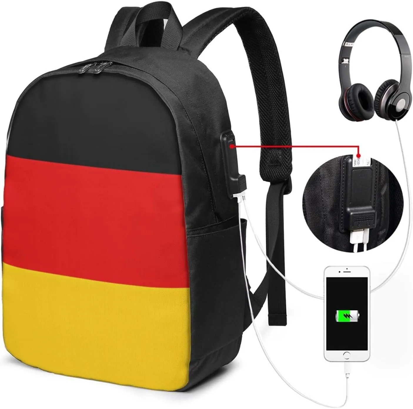 Germany Flag Travel Backpack 17-Inch Laptop Backpacks Business Rucksack Casual Sport Daypack with USB Charging Port Carry-on Bag for Camping Biking