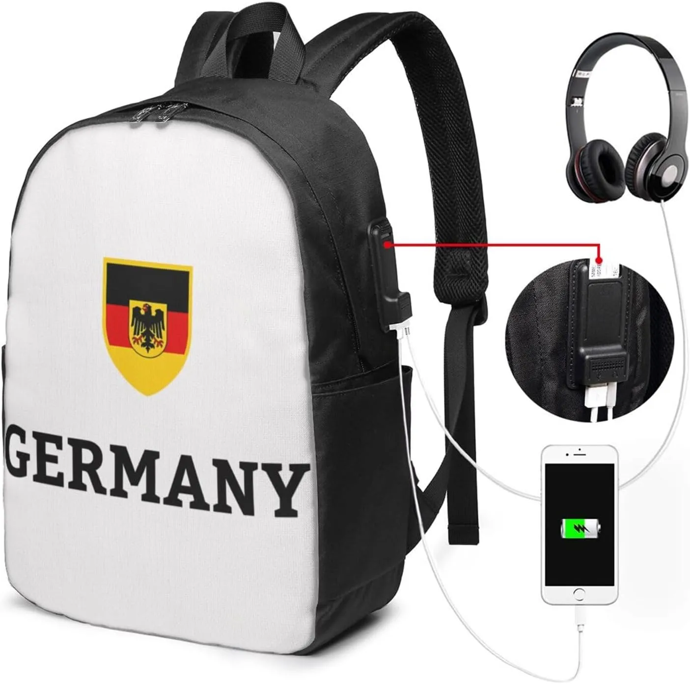 Germany German Football Soccer Flag Travel Backpack 17-Inch Laptop Backpacks Business Rucksack Casual Sport Daypack with USB Charging Port Carry-on Bag for Camping Biking