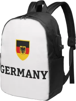 Germany German Football Soccer Flag Travel Backpack 17-Inch Laptop Backpacks Business Rucksack Casual Sport Daypack with USB Charging Port Carry-on Bag for Camping Biking