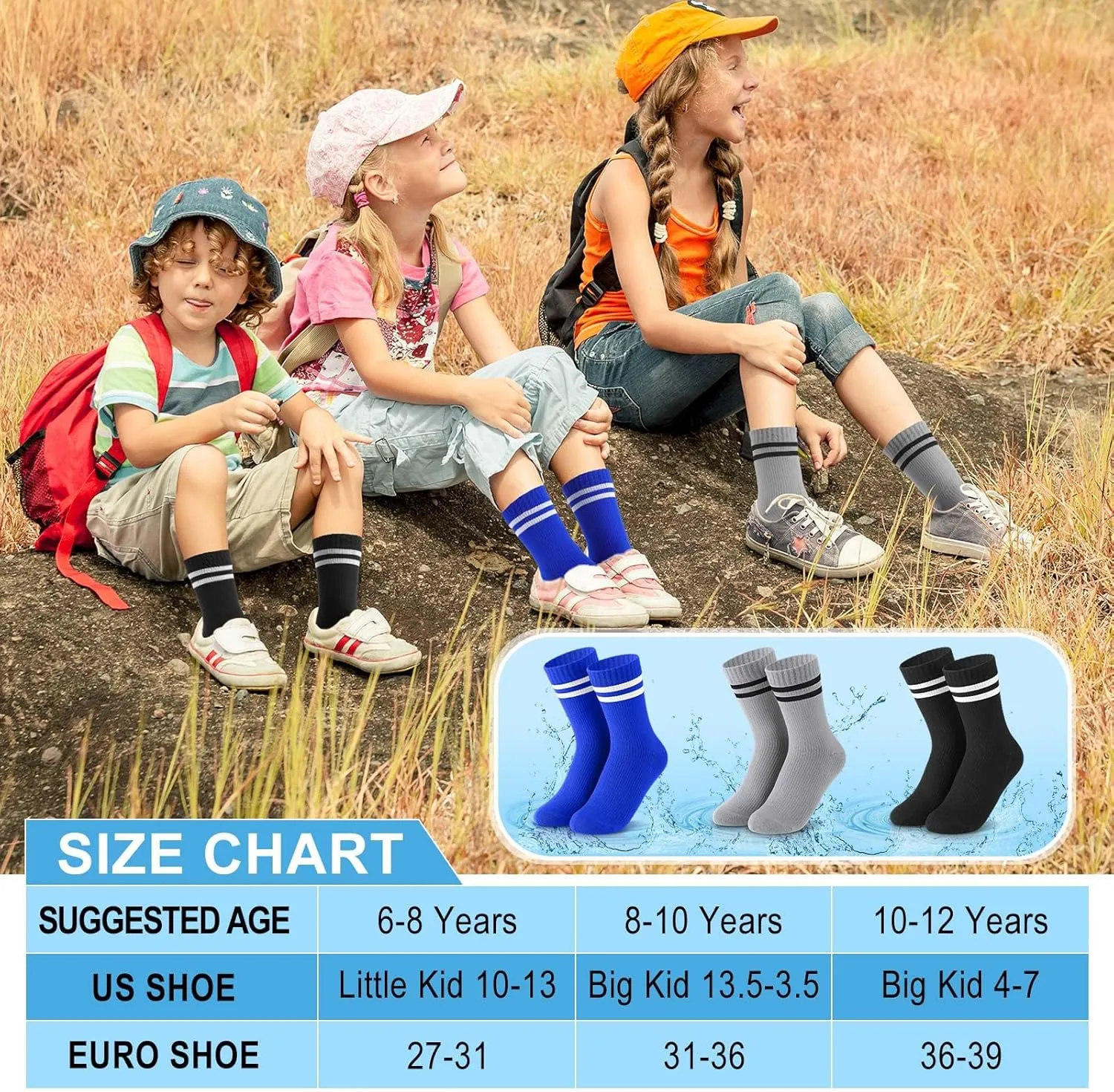 Geyoga 3 Pairs Waterproof Socks for Kids Girls Boys Outdoor Wading Socks Breathable Skiing Hiking Socks for Travel Camping