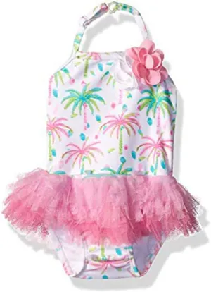 Girls' Island Hopping Palm Tree Pink Skirted Tank Swimsuit