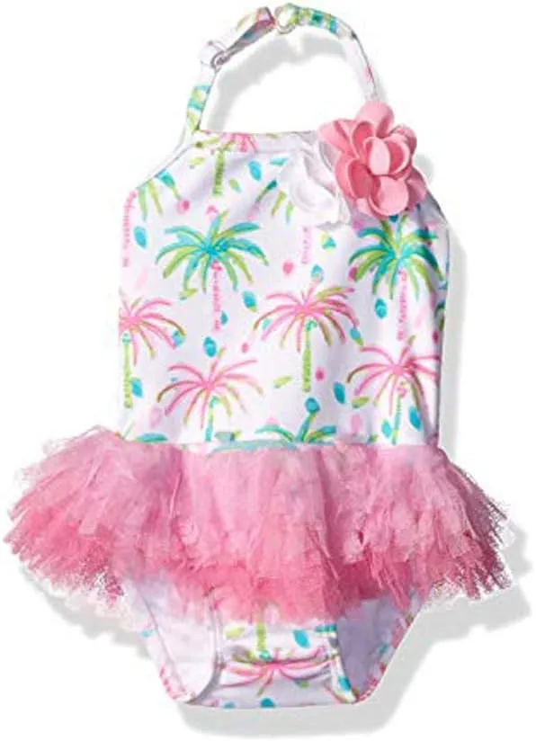 Girls' Island Hopping Palm Tree Pink Skirted Tank Swimsuit