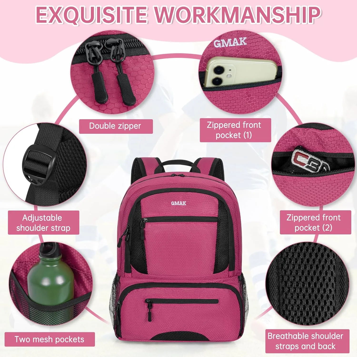 GMAK Soccer Backpack, Soccer Bag with Ball Compartment & Shoe Compartment for Football, Basketball, Volleyball, Water resistant Sport Equipment Bags, Lightweight Training Package for Youth, Pink