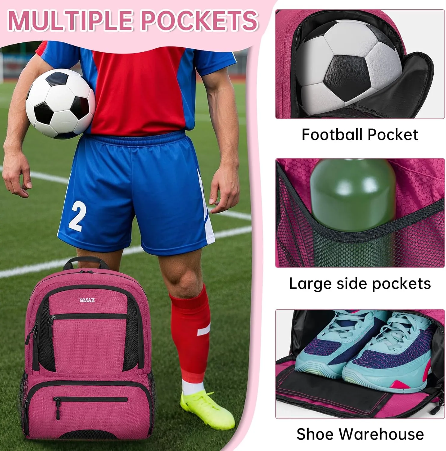 GMAK Soccer Backpack, Soccer Bag with Ball Compartment & Shoe Compartment for Football, Basketball, Volleyball, Water resistant Sport Equipment Bags, Lightweight Training Package for Youth, Pink