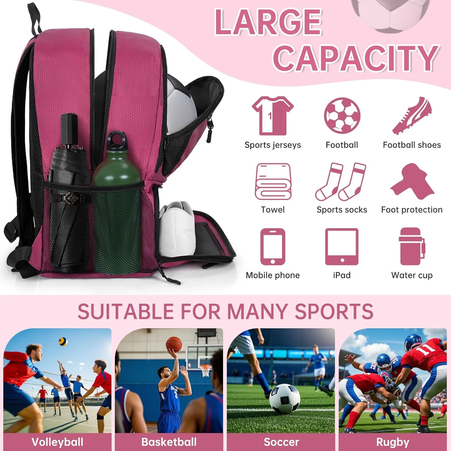 GMAK Soccer Backpack, Soccer Bag with Ball Compartment & Shoe Compartment for Football, Basketball, Volleyball, Water resistant Sport Equipment Bags, Lightweight Training Package for Youth, Pink