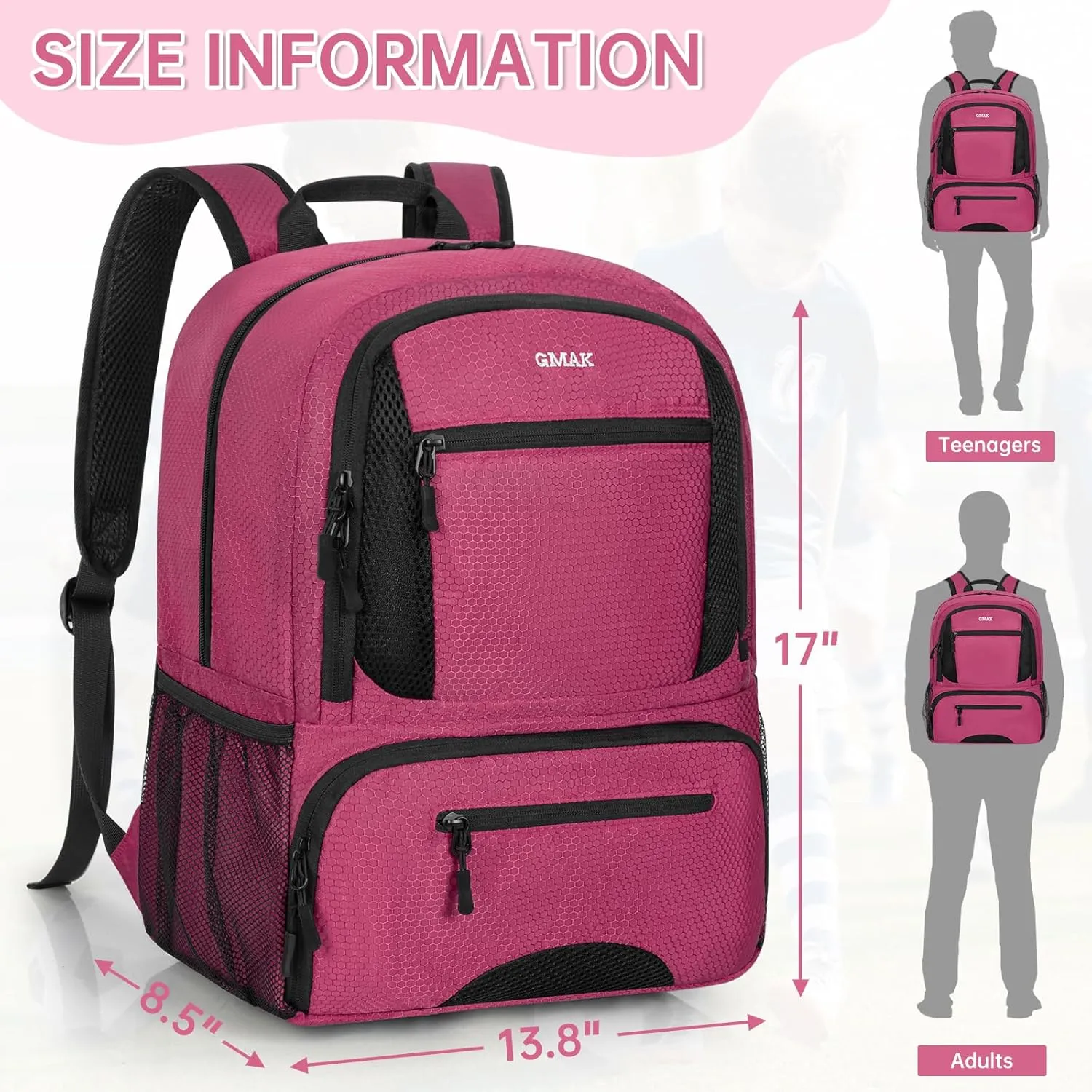 GMAK Soccer Backpack, Soccer Bag with Ball Compartment & Shoe Compartment for Football, Basketball, Volleyball, Water resistant Sport Equipment Bags, Lightweight Training Package for Youth, Pink