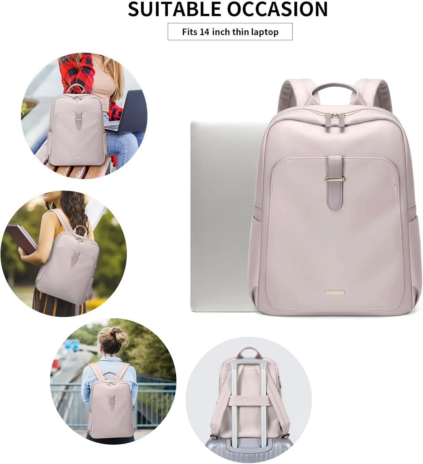 GOLF SUPAGS Laptop Backpack Purse for Women Fits 14 Inch Notebook Casual Daypack Work Travel College Bookbag Fashion Computer Bag (Grey Pinkish, 14 Inch)