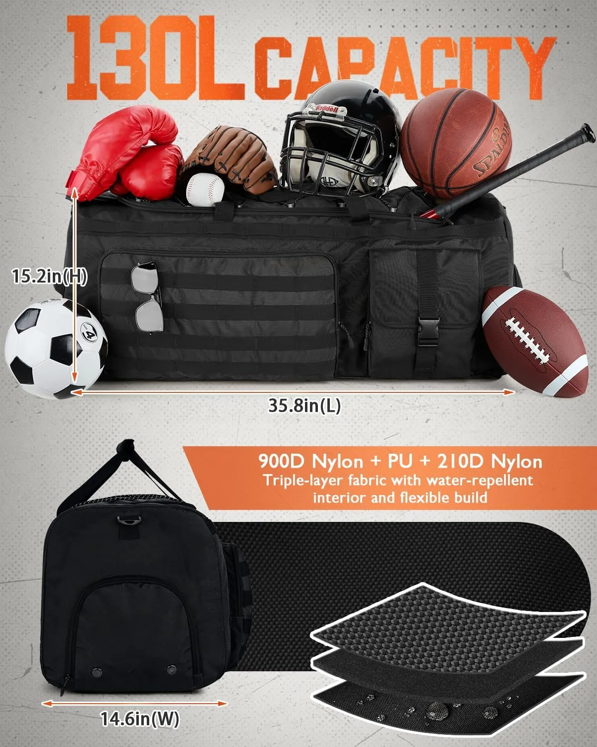 Gonex 130L Extra Large Duffel Bag for Men, Heavy Duty 3 in 1 Convertible Carry Travel Duffle, with Shoe Compartment, Tactical Loops, Sports Gear Bag for Family Trips (Black)