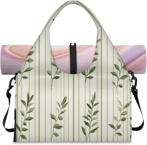 Green vertical branches Women's Yoga Gym Bag - Adjustable shoulder strap with shoe compartment, large gym bag with multiple pockets for yoga mat, gym equipment and travel accessories