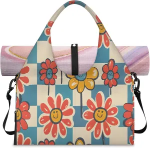 Grid cartoon flowers Women's Yoga Gym Bag - Adjustable shoulder strap with shoe compartment, large gym bag with multiple pockets for yoga mat, gym equipment and travel accessories