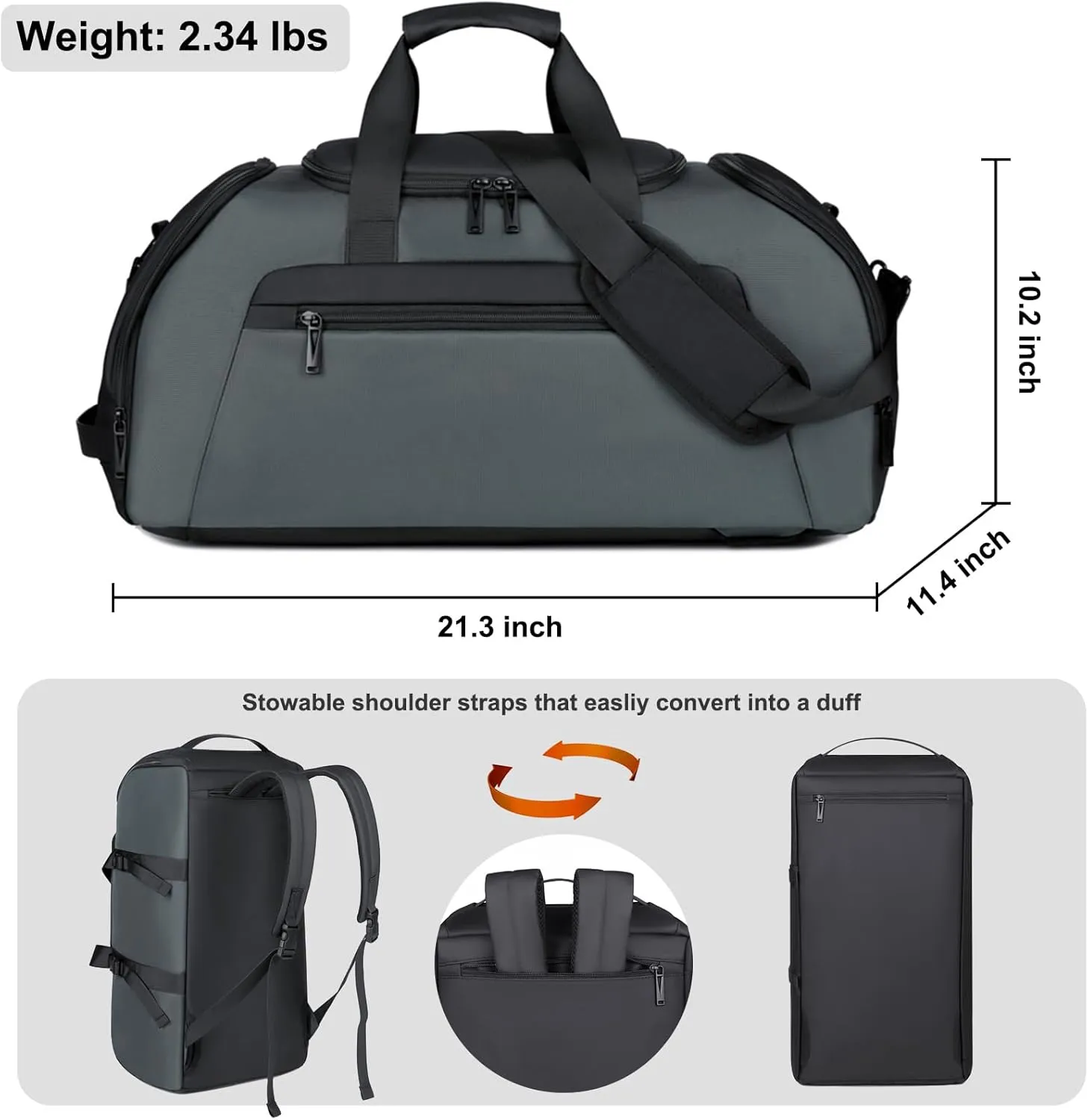 Gym Bag for Men, 40L Sports Travel Duffel Bag with Shoe Compartment & Wet Pocket, Gym Workout Backpack Carry On Weekender Bag Overnight Backpack for Travel, Grey